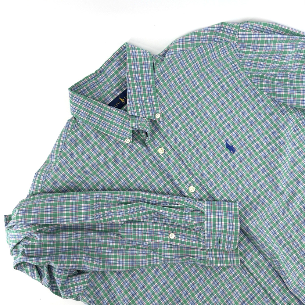 Ralph Lauren Men's Medium Green/Blue Plaid Buttondown Blue Pony